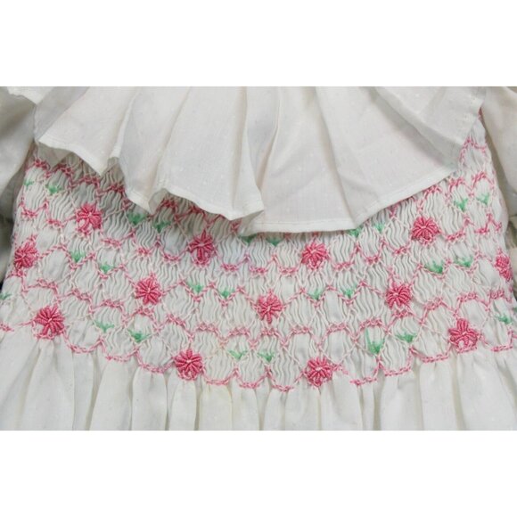Vtg 90s Isabel Garreton Smocked White Dress 3T Dots Pleated Collar Pink Flowers - Picture 3 of 12